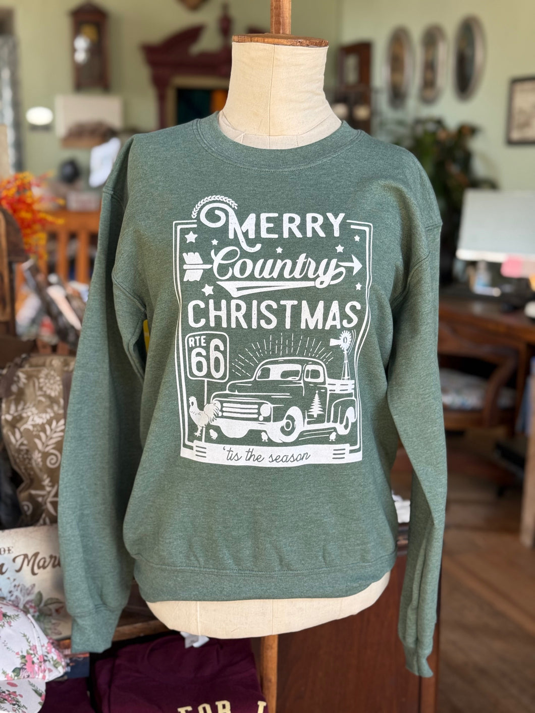 Green Merry Country Christmas Sweatshirt with White Print