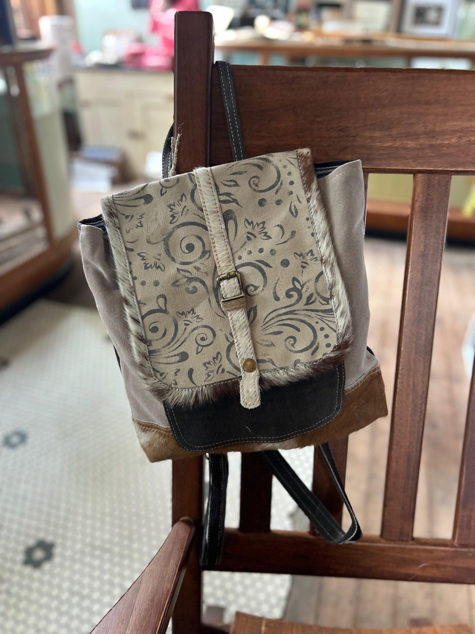 Clea Ray Small Canvas Print Cowhide Trim Backpack โ Forgotten