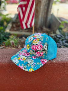 Turquoise Floral Baseball Cap with Mesh Back