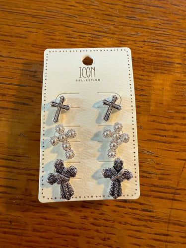 Quiet Devotion Silvertone Cross Stud Earrings 3 Pair Set