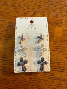 Quiet Devotion Silvertone Cross Stud Earrings 3 Pair Set