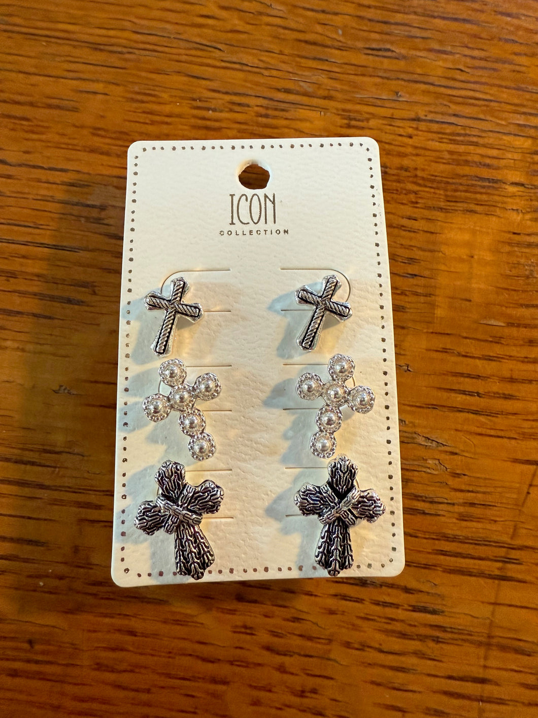 Quiet Devotion Silvertone Cross Stud Earrings 3 Pair Set