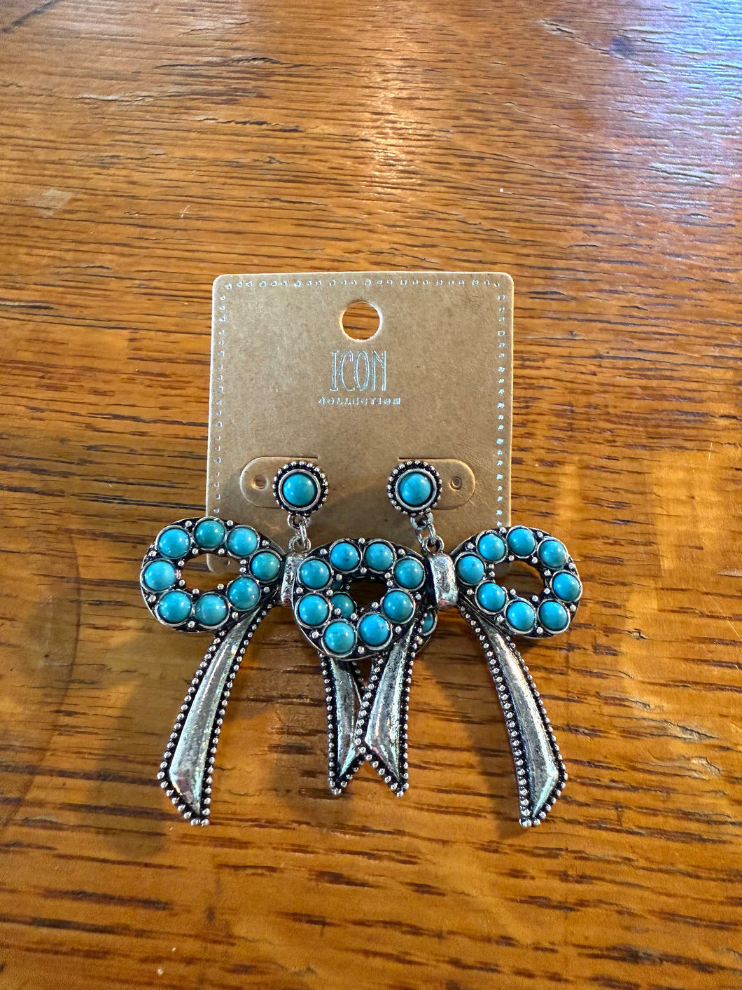 Turquoise Desert Darling Silvertone Bow Earrings