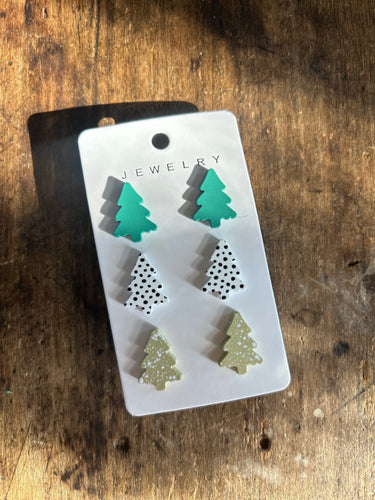 Set of 3 Christmas Tree Earrings- Green/Polka Dot