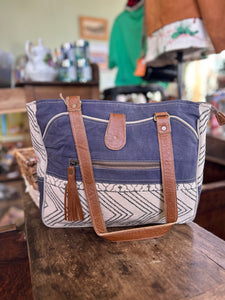 Clea Ray Blue with White and Black Stripes Tote