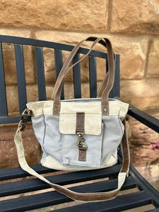 Clea Ray Grey and Cream Mixed Fabric Canvas Crossbody Bag