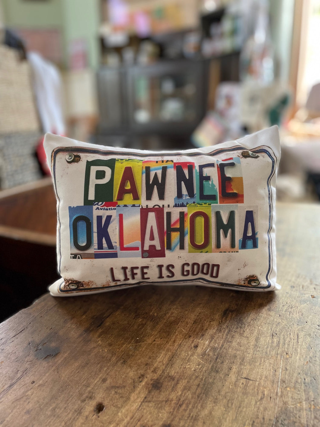 Pillow - License Plate Pawnee Oklahoma Life is Good